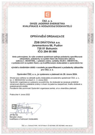 Certifikát dodavetel pro ČEZ / Temelín